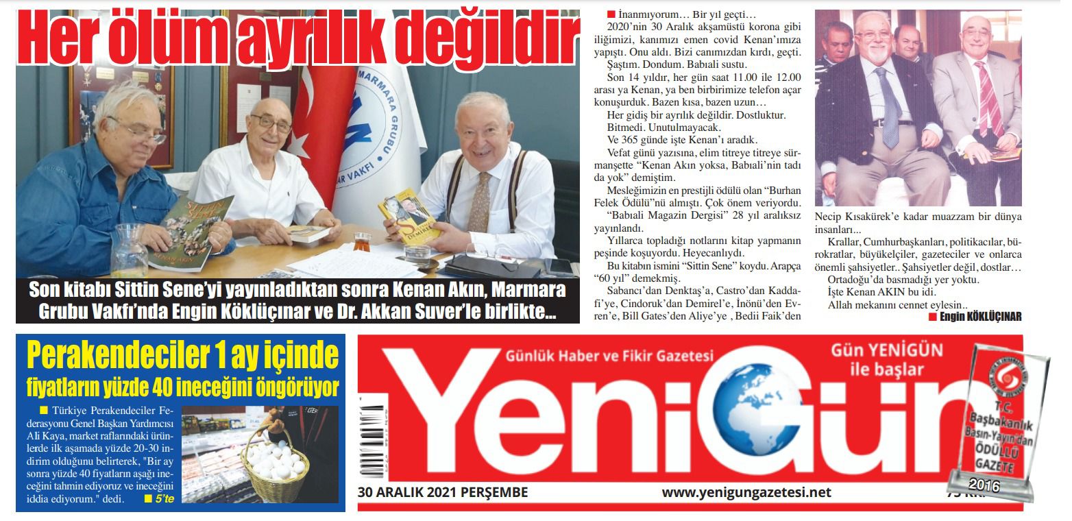 Yeni Gün Newspaper - 30.12.21 Kenan Akın